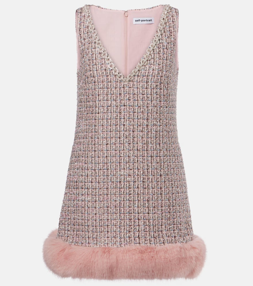 Self-Portrait Pink Boucle Fur Hem Mini Dress photo 2