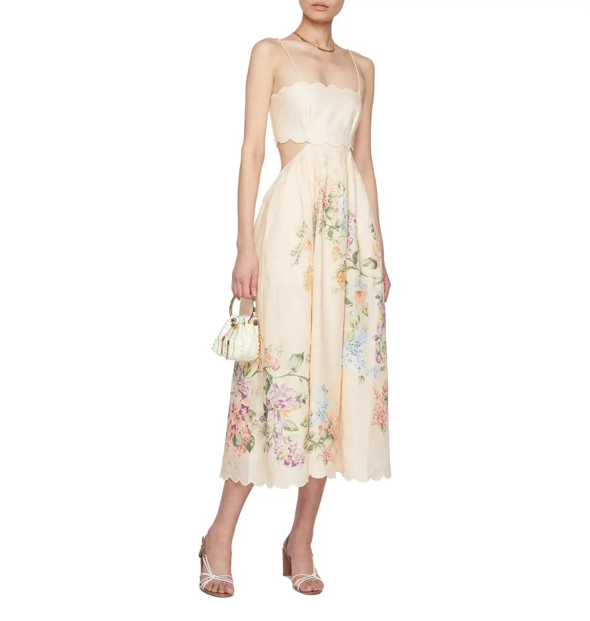 Zimmermann Halliday Scallop Midi Dress In Cream Watercolour Floral Size 3 / AU 14 photo 2