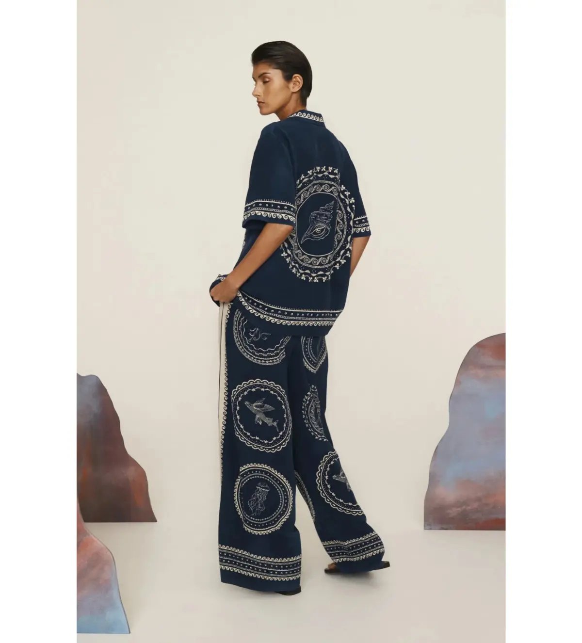 Alemais Oceane Silk Shirt and Pant Set Navy Print Size AU 8 photo 5