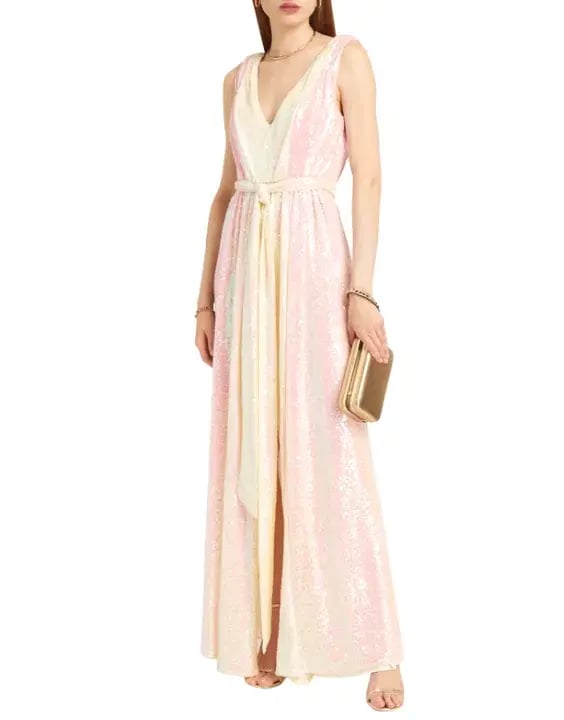 Badgley Mischka Two Tone V-Neck Sequin Long Gown Pink and Lemon Size AU 8 photo 2
