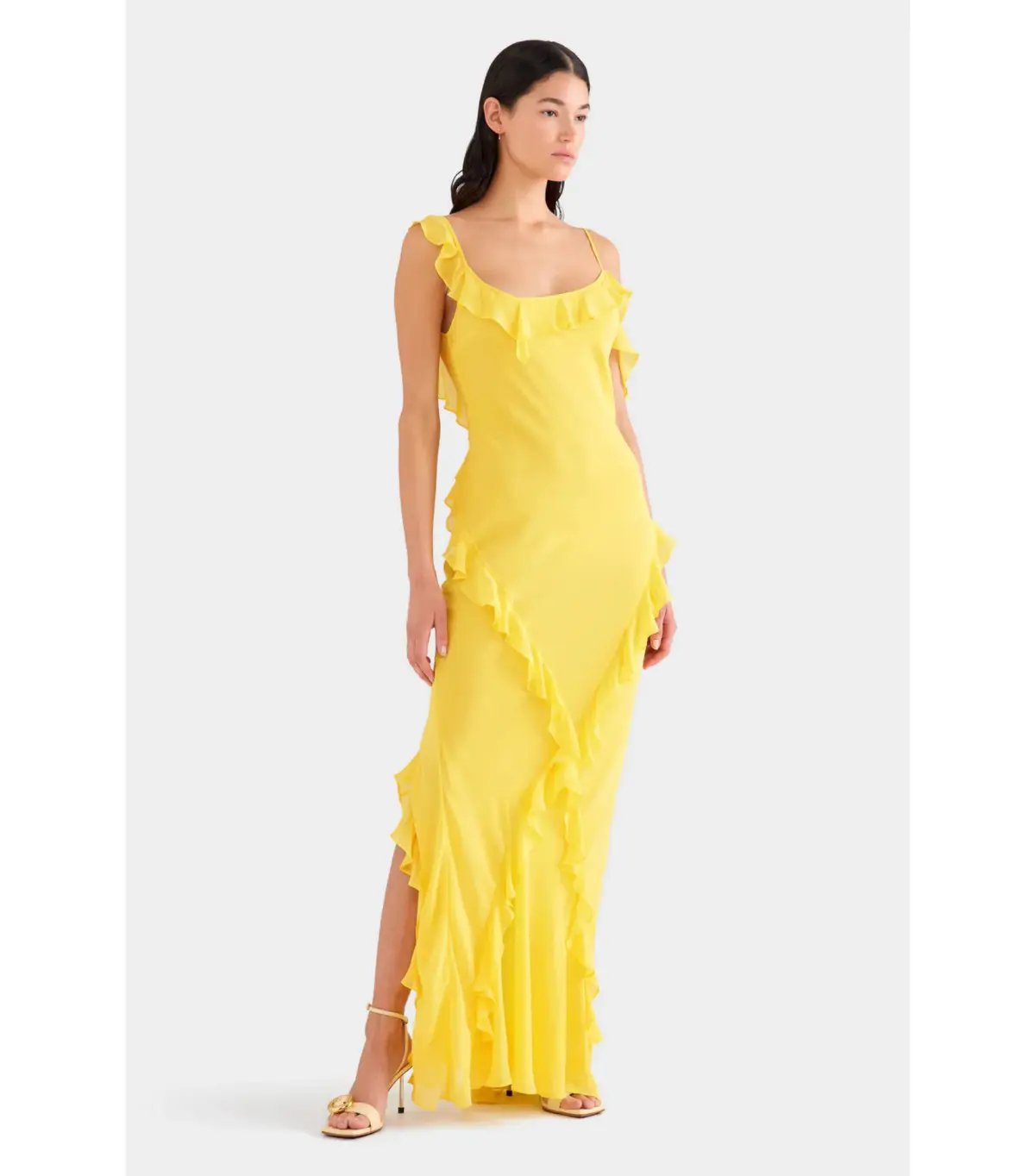 Venroy Asymmetric Low Back Silk Ruffle Dress Yellow Gold Size AU 8 photo 3