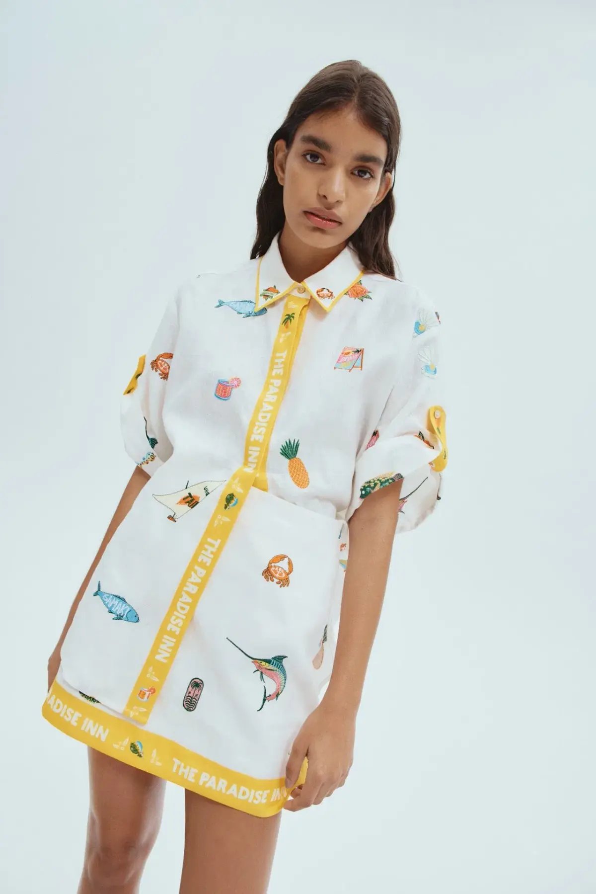 Alemais Blue Marlin Embroidered Shirt and Skirt Set Cream Multi Size 14 photo 2