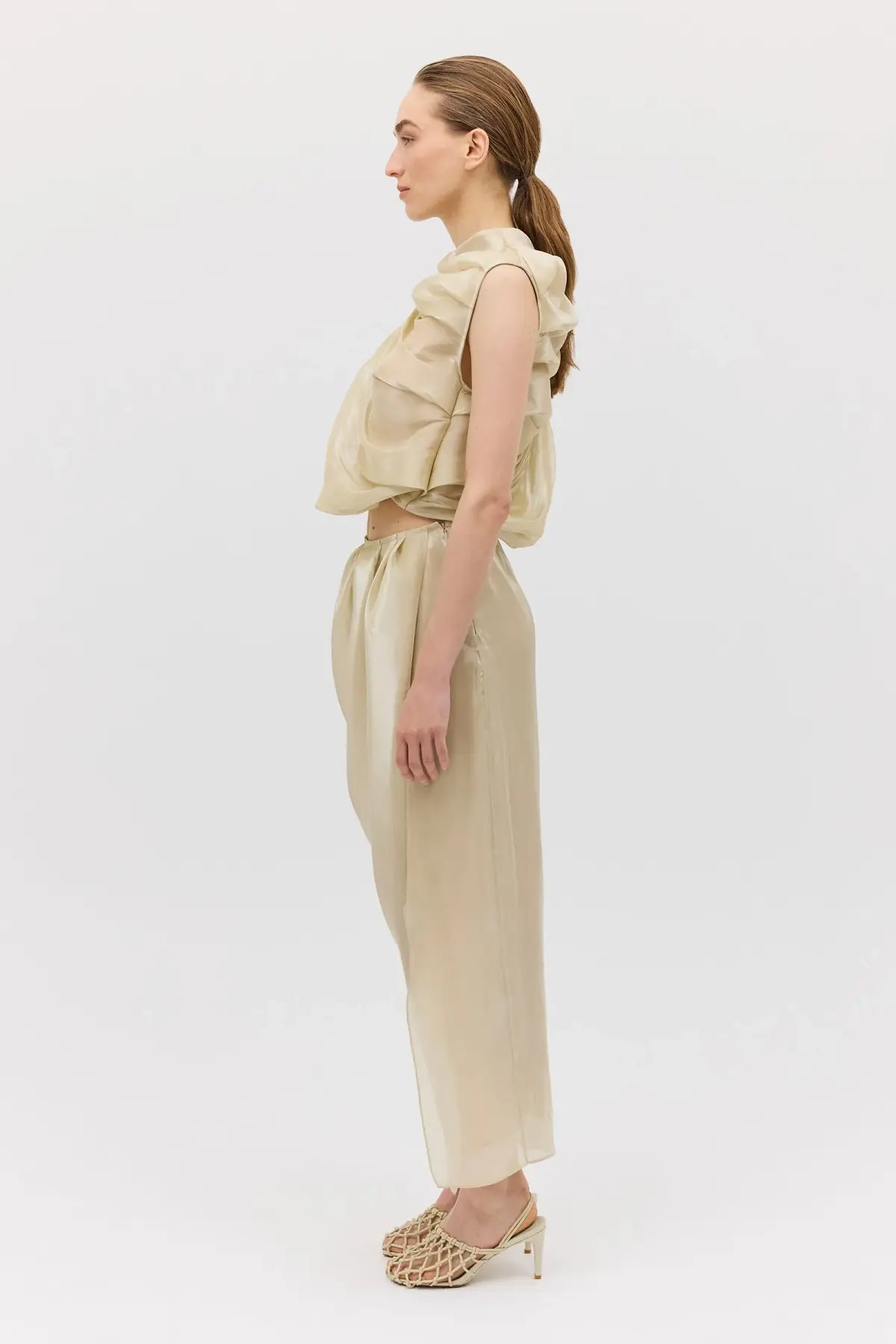 Bianca Spender Champagne Liquid Organza Tumble Top Gold Size 8/S photo 4