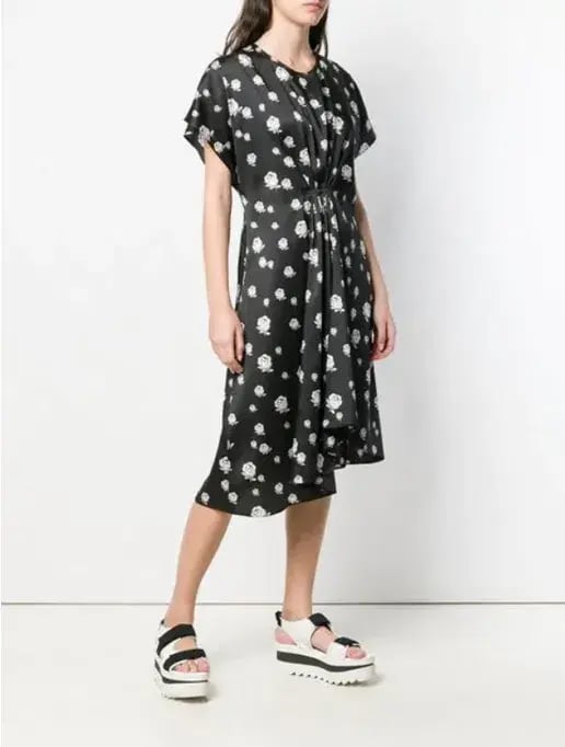 Kenzo Gathered Rose-Print Asymmetric Midi Dress Black/White Size 10 photo 4
