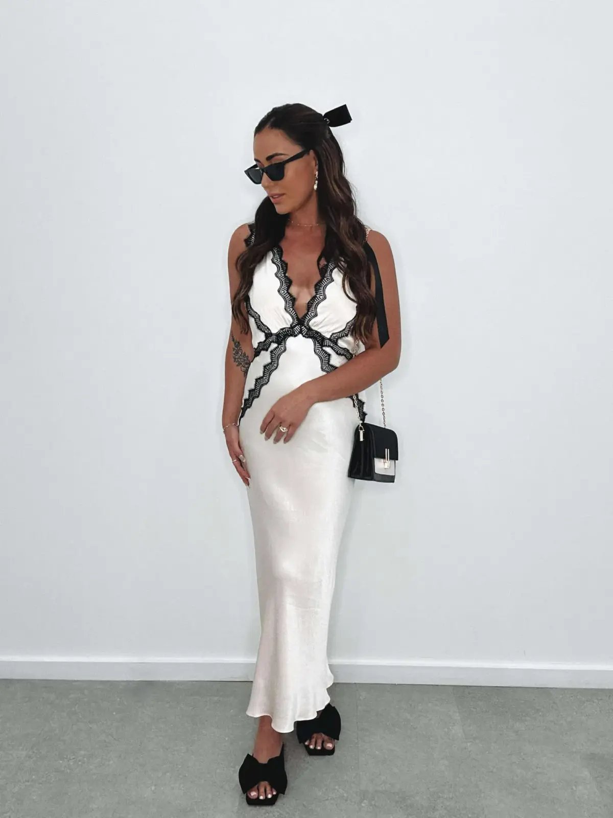 Shona Joy Camille Lace Cross Back Midi Dress in Cream/Black Size 10 photo 3