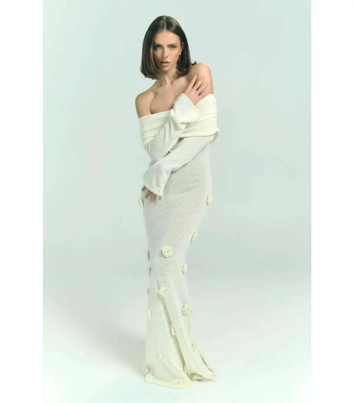 Meshki Kiki Off Shoulder Knit Rose Maxi Dress Ivory Size M / AU 10 photo 4