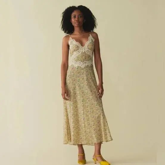 Doen Venus Corded Lace Trimmed Floral Silk Midi Dress Size AU 8 photo 2