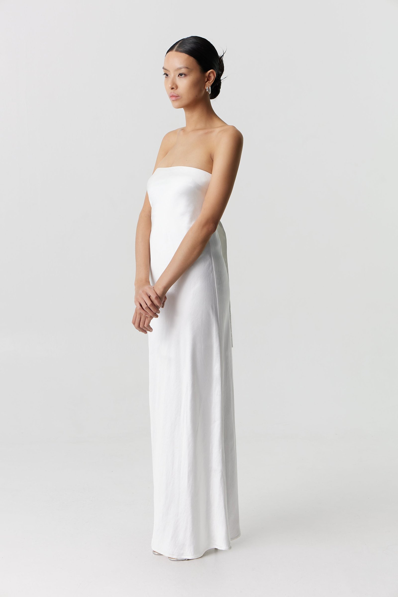 THIRD FORM SATIN TIE BACK STRAPLESS MAXI DRESS - POWDER WHITE photo 2