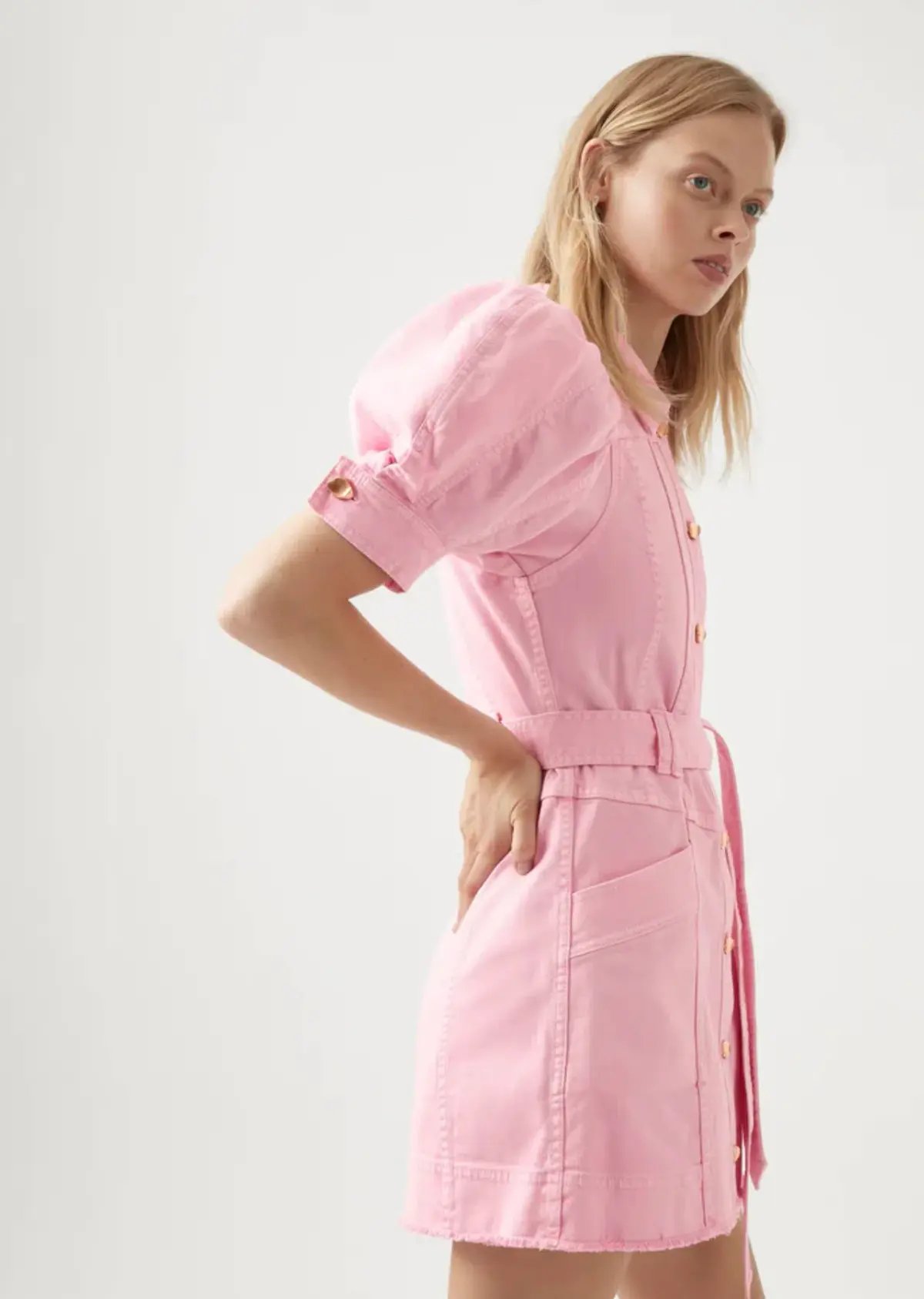 AJE Flora Denim Puff Sleeve Mini Dress Bon Bon Pink Size 14 photo 3
