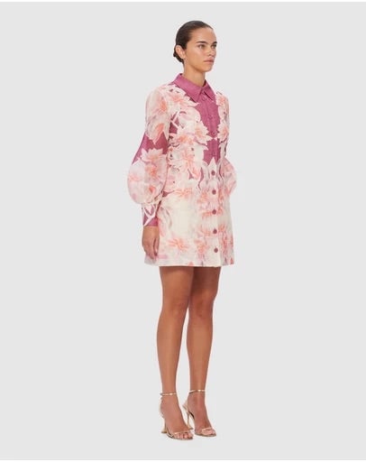 Leo Lin Luminous Silk Linen Mini Dress - Orient Print In Hibiscus photo 4