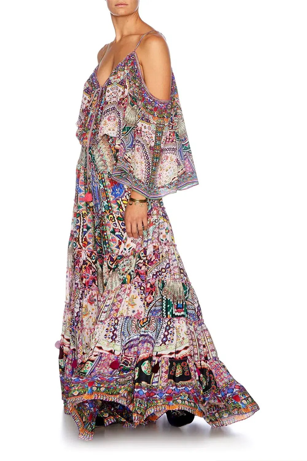 Camilla Long Sleeve Drop Shoulder Top Size XS & Tiered Hem Maxi Skirt Size L Set in Kalbelia Queen Pink Print photo 4