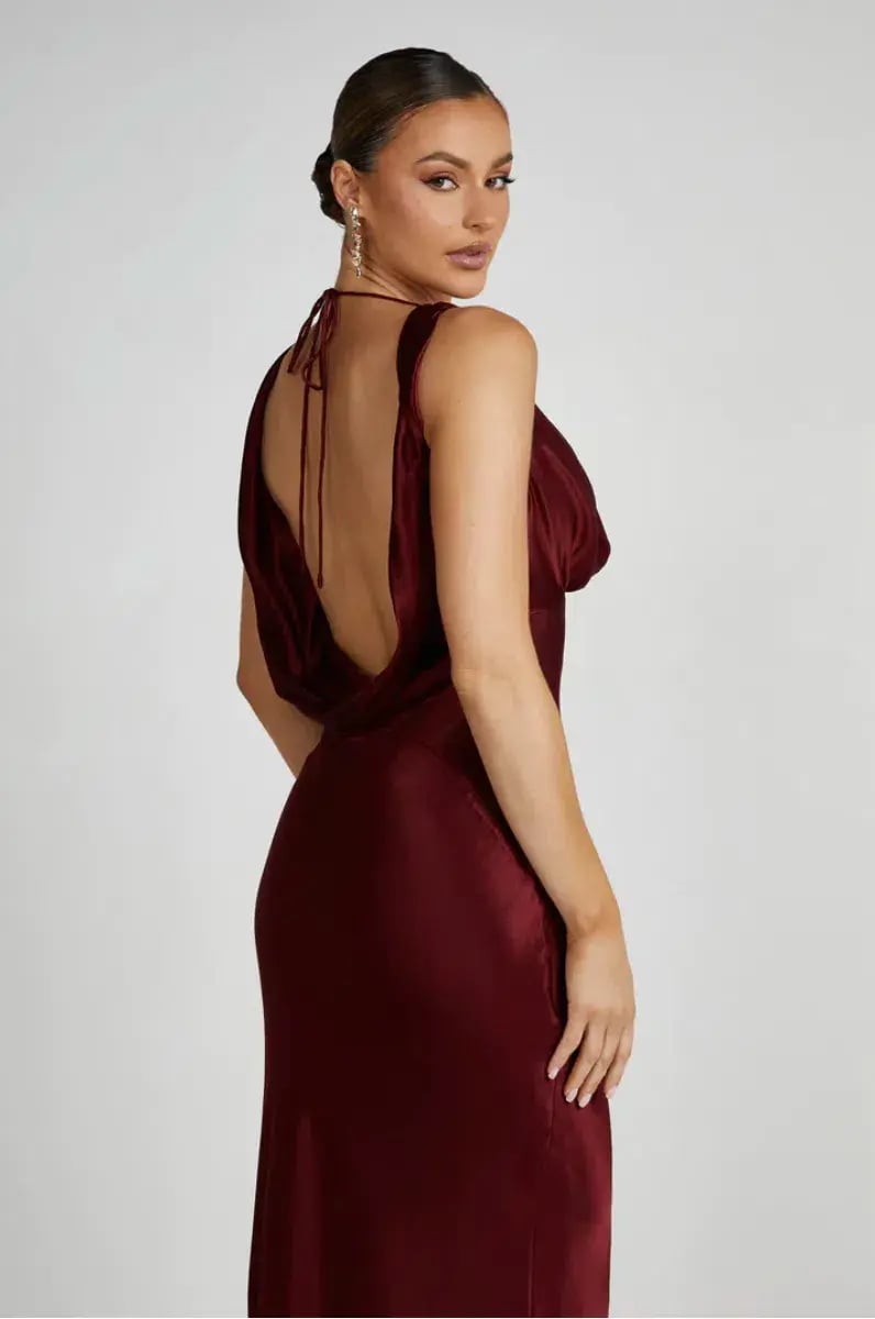 MESHKI Angelique Satin Cowl Back Maxi Dress Berry in Size S / AU 8 photo 4