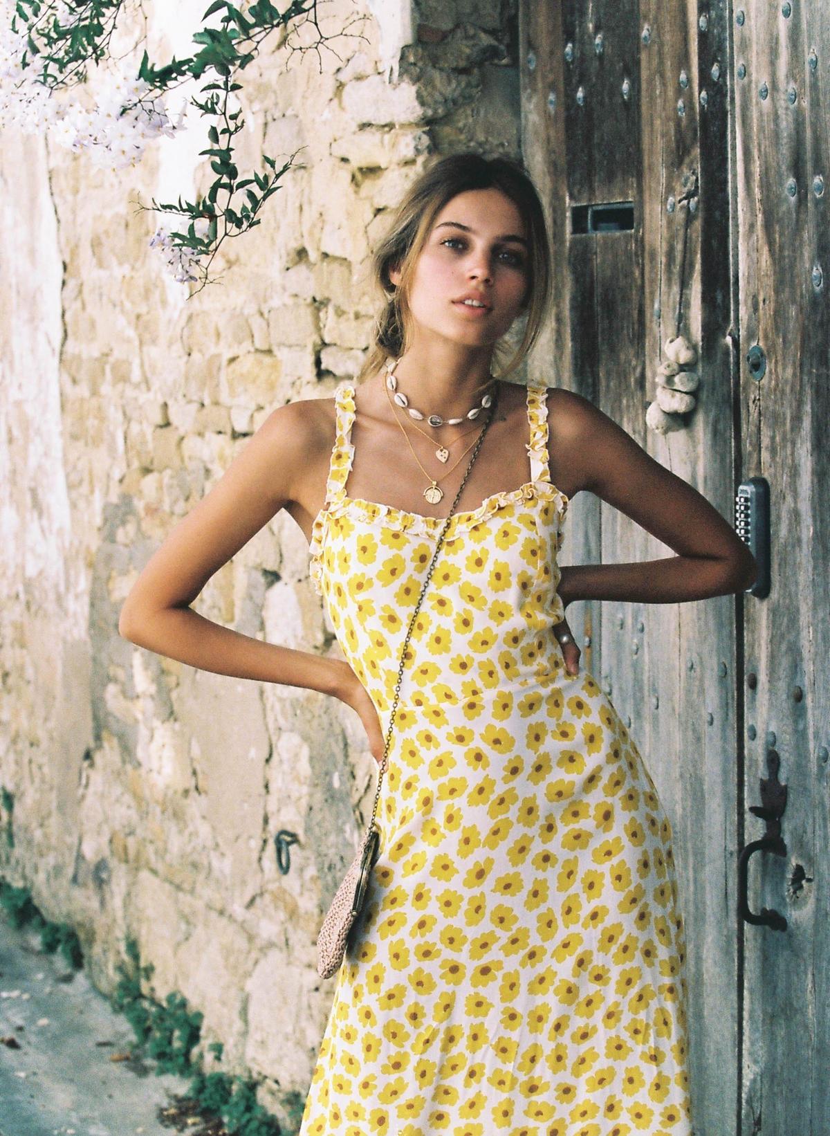Faithfull the Brand Noemie Midi Dress Constance Floral Print Marigold Size 8 photo 3
