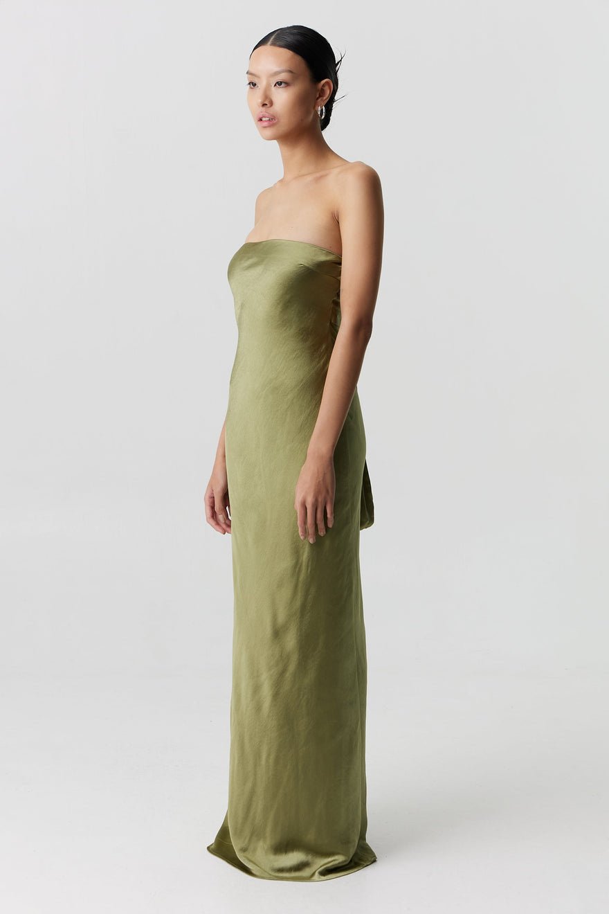 Third Form Satin Tie Back Strapless Maxi Dress - Olive photo 2