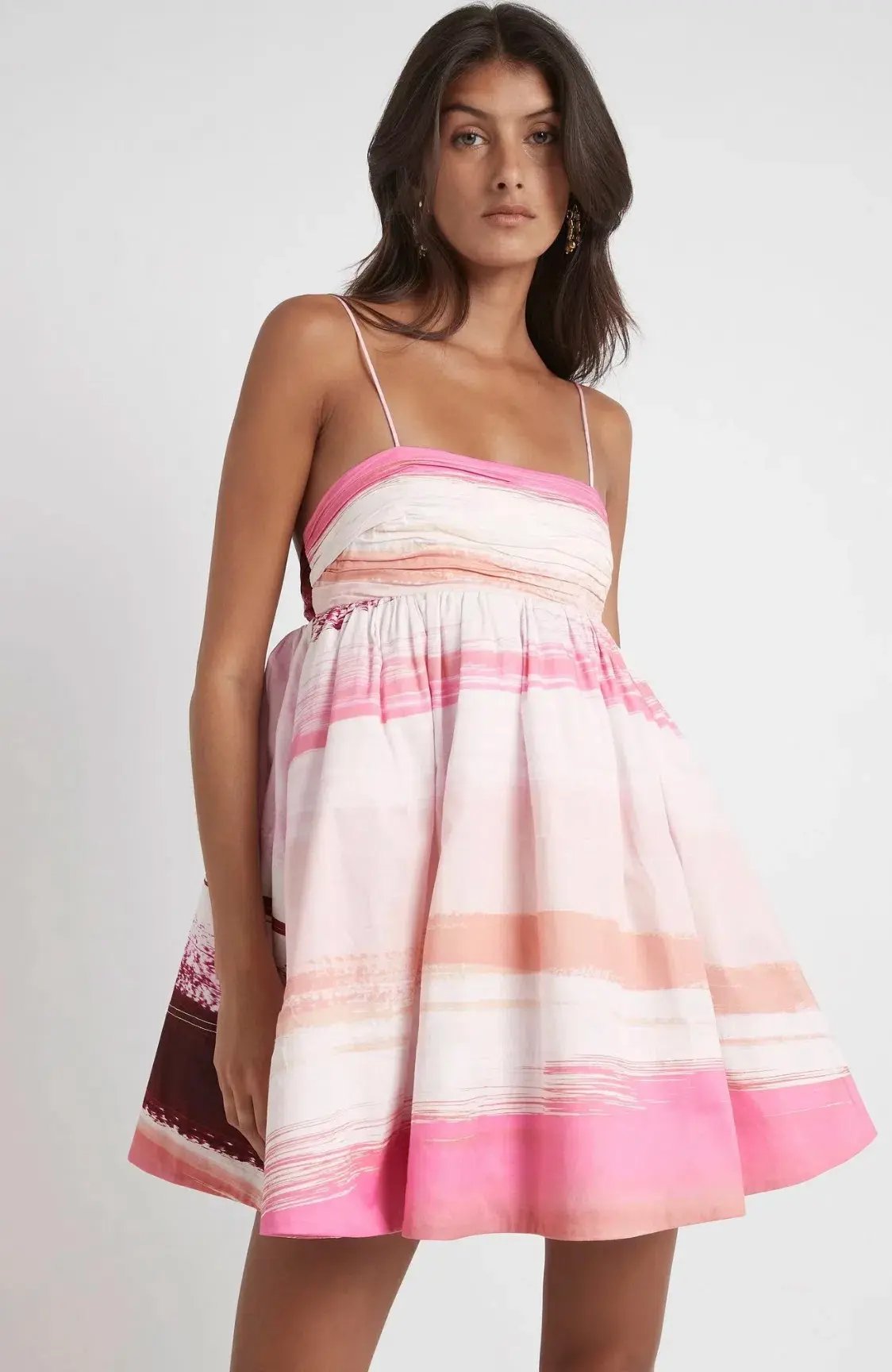 Aje Kasbah Sunset Stripe Ruched Bow Back Mini Dress Pink Print Size 4 photo 4