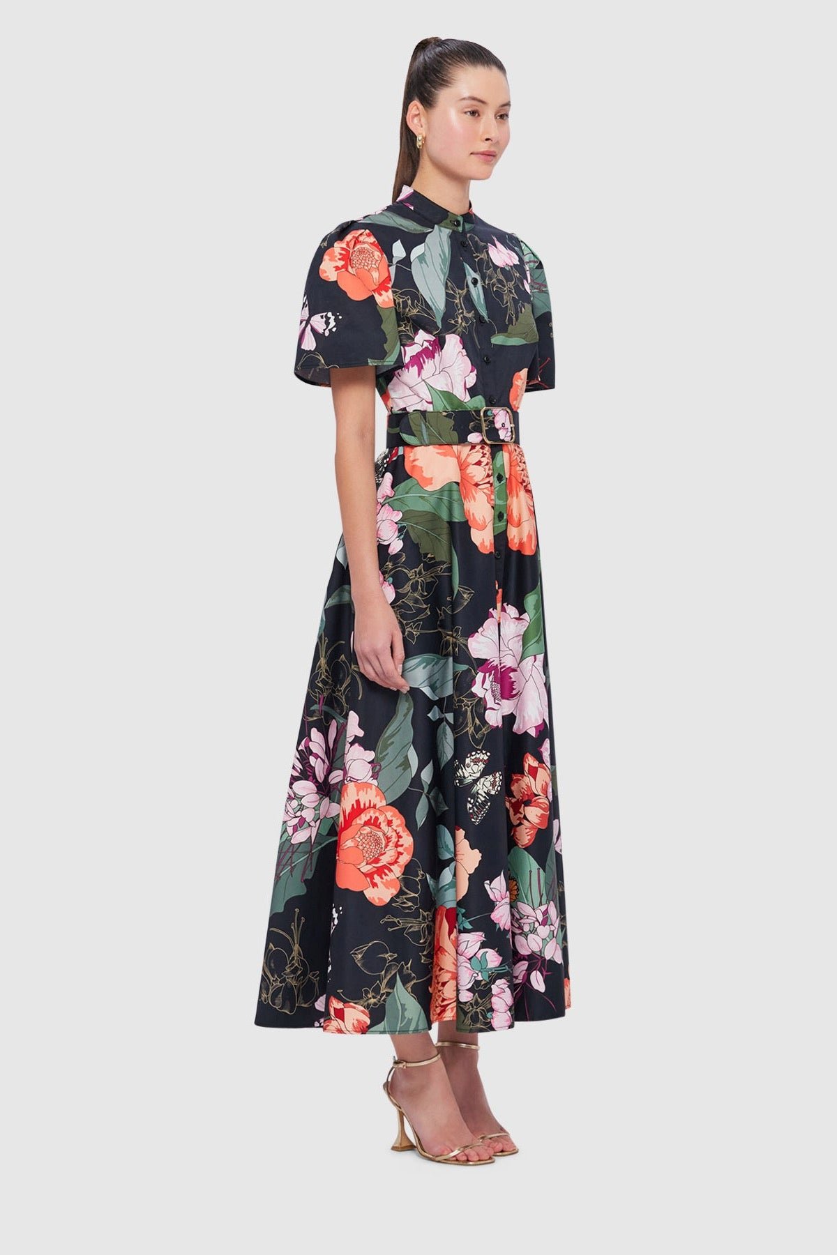 LEO LIN BIANCA SHORT SLEEVE MIDI DRESS - LUSH PRINT IN BLACK photo 3