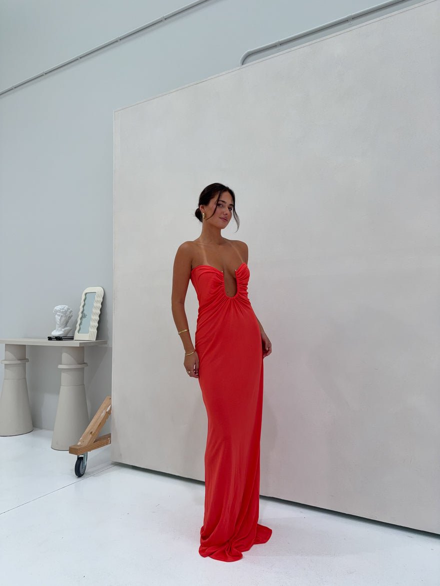 Christopher Esber Arced Palm Strapless Gown Grapefruit photo 3