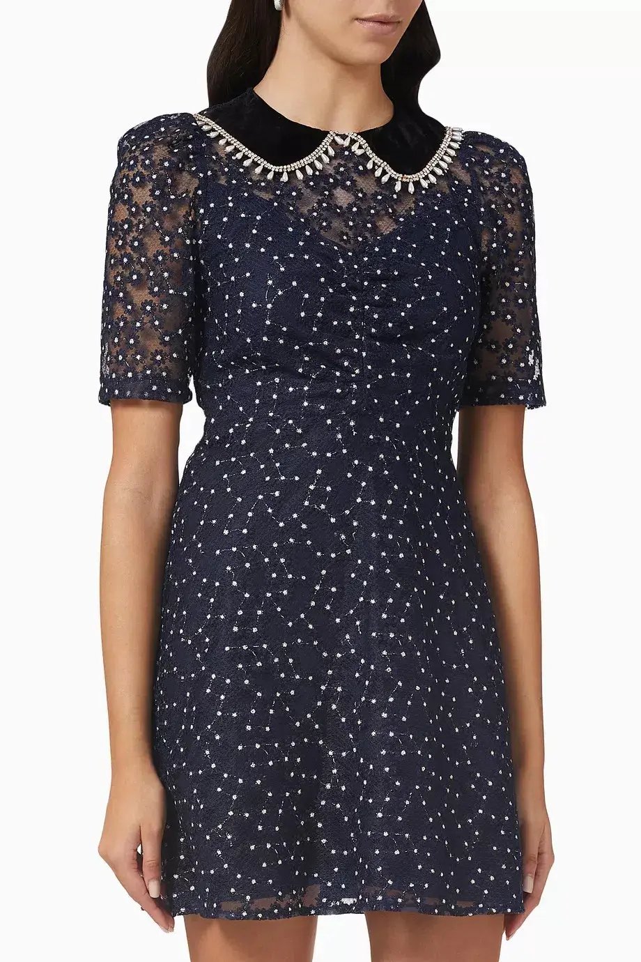 Sandro Lucianita Embellished Lace Mini Dress Midnight Blue Size 8 photo 2