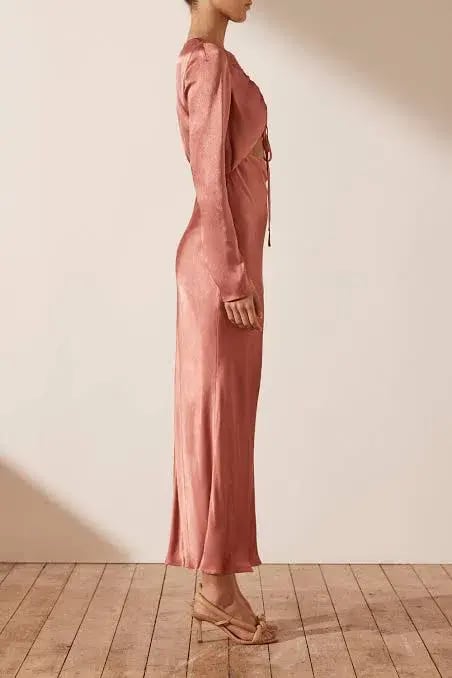 Shona Joy Angelica Long Sleeve Cut Out Front Midi Dress in Rouge Pink Size AU 10 photo 3