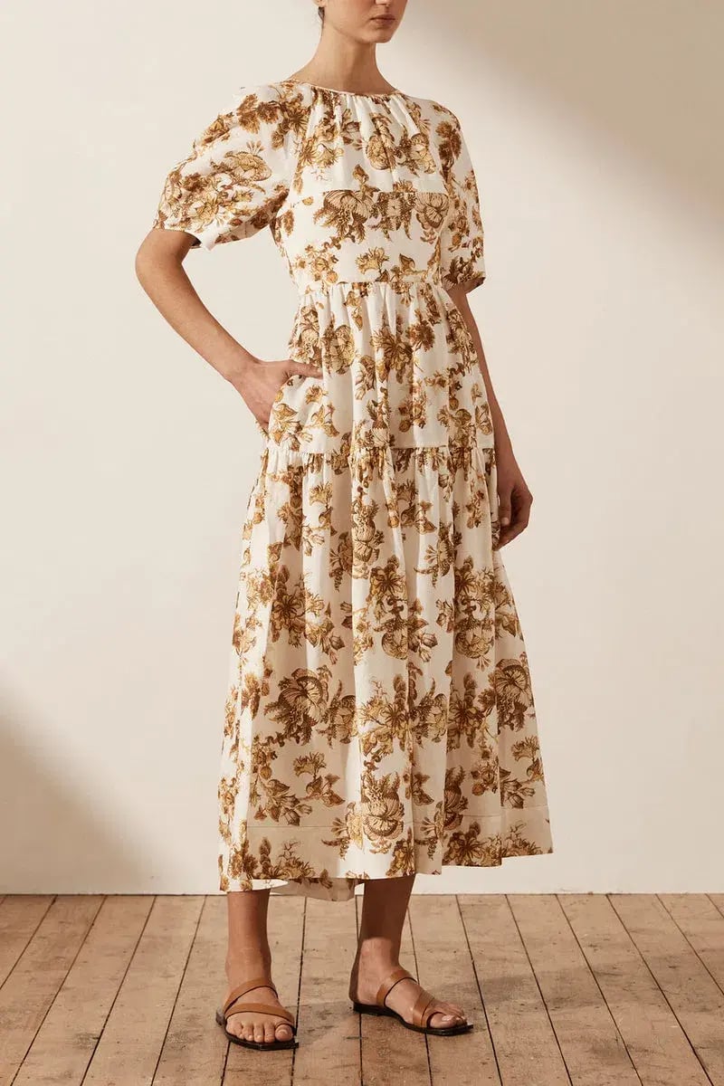 Shona Joy Bella Linen Short Sleeve Open Back Midi Dress Print Size 10 photo 2