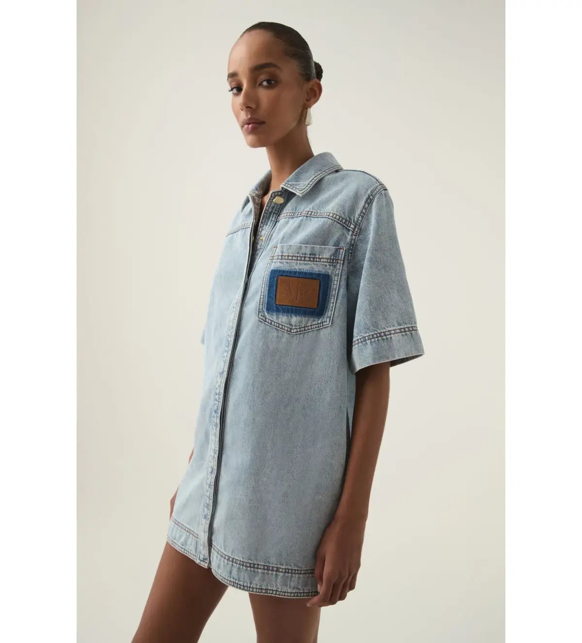 Aje Aura Denim Mini Tunic Dress Sea Spray Wash Size 6 photo 2