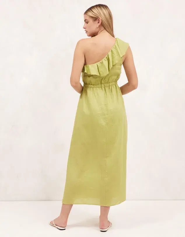 Aere Linen One Shoulder Midi Dress Bay Leaf Green Size 8 photo 4