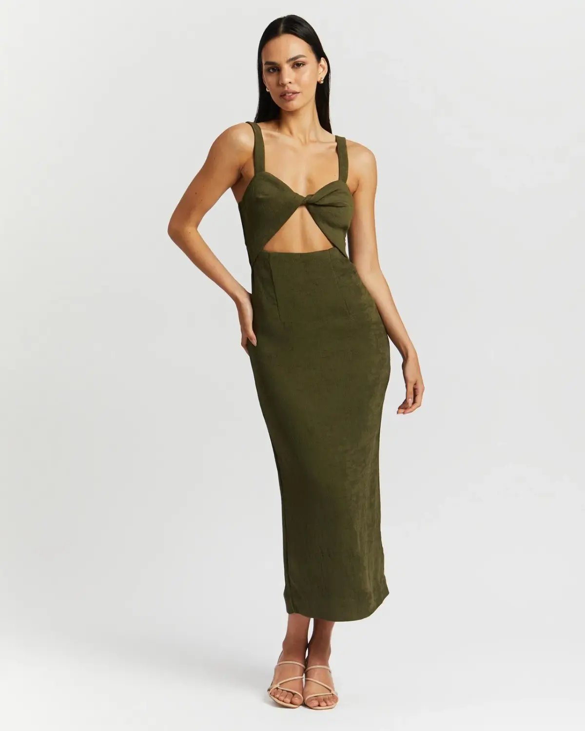 Shona Joy Simone Fitted Cut Out Midi Dress Olive Green Size 6 photo 2