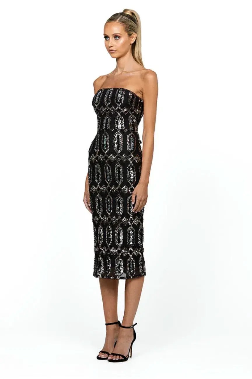 Bariano Blanca Strapless Midi Dress Black Multi Size AU 8 photo 2