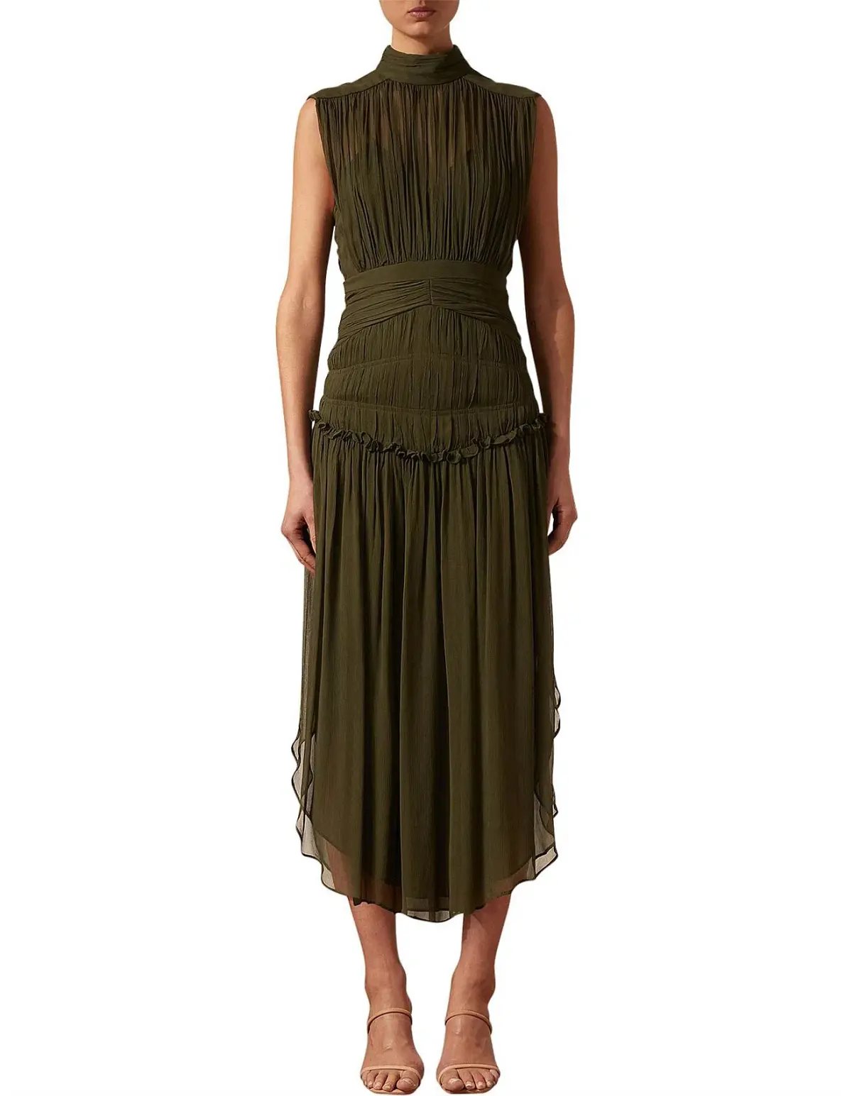 Shona Joy Safira Sleeveless Open Back Midi Dress in Olive Green Size 6 photo 3