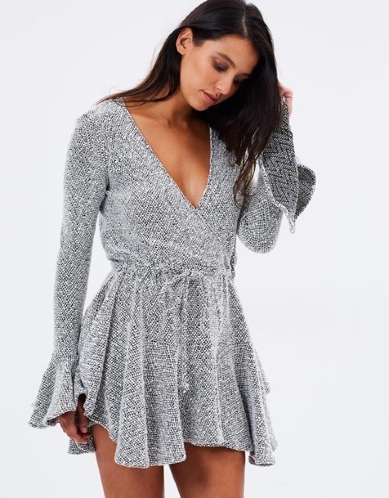 Shona Joy's Bonnie Frill Cuff Drawstring Mini Dress Silver Size 6 photo 3