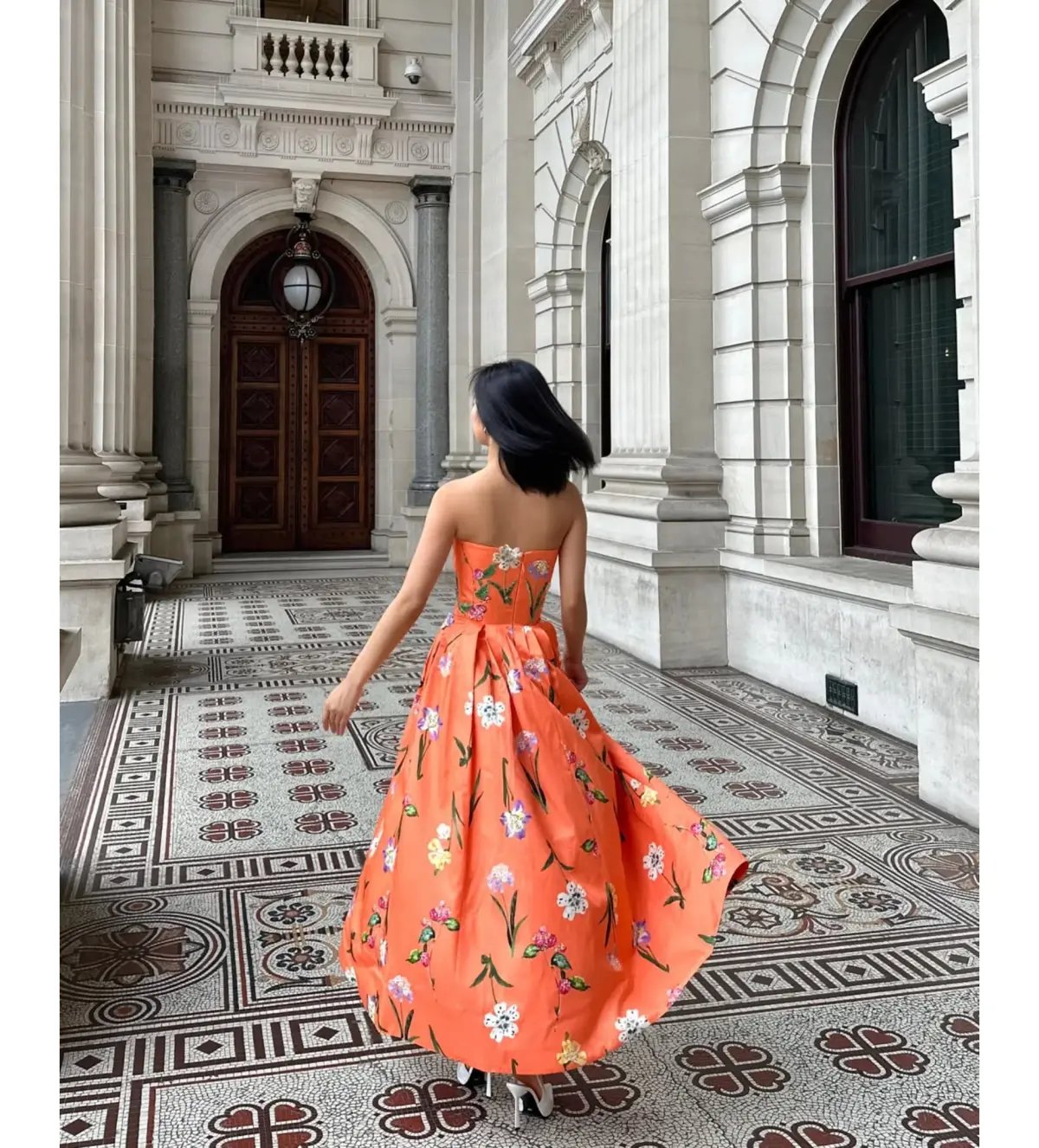 Leo Lin Lynn Bustier Midi Dress Coral Floral Size 10 photo 3