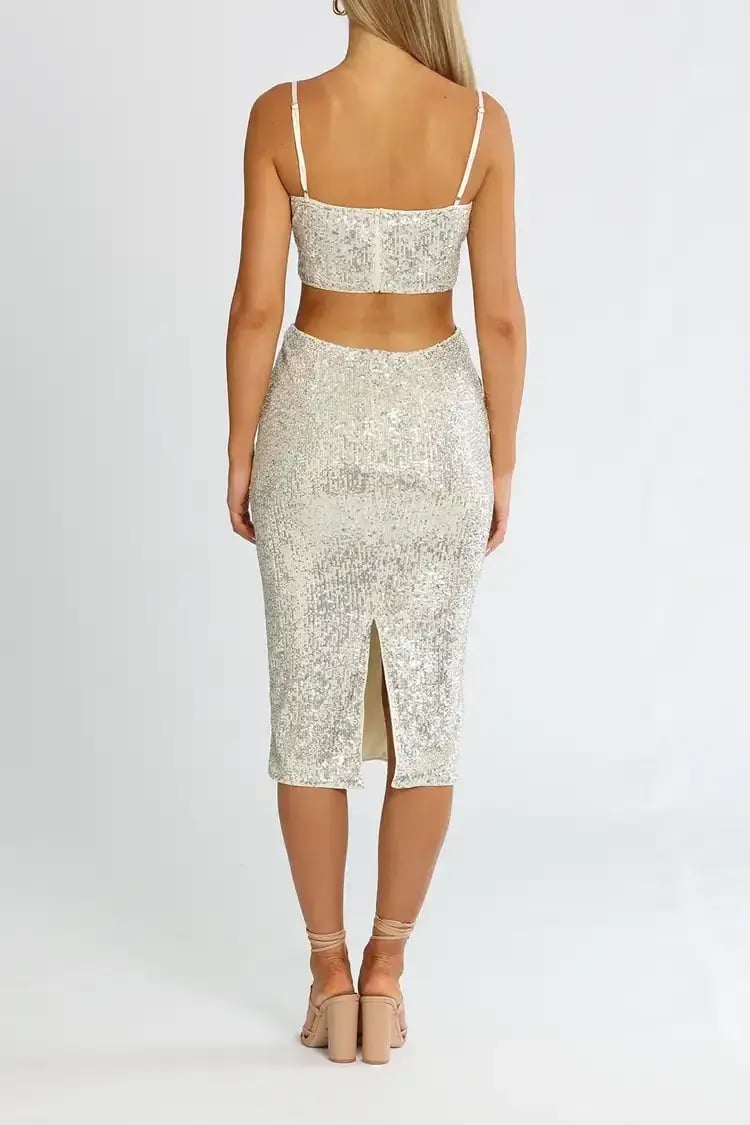 Elle Zeitoune Cut Out Sequin Midi Dress Silver Size 8 photo 3