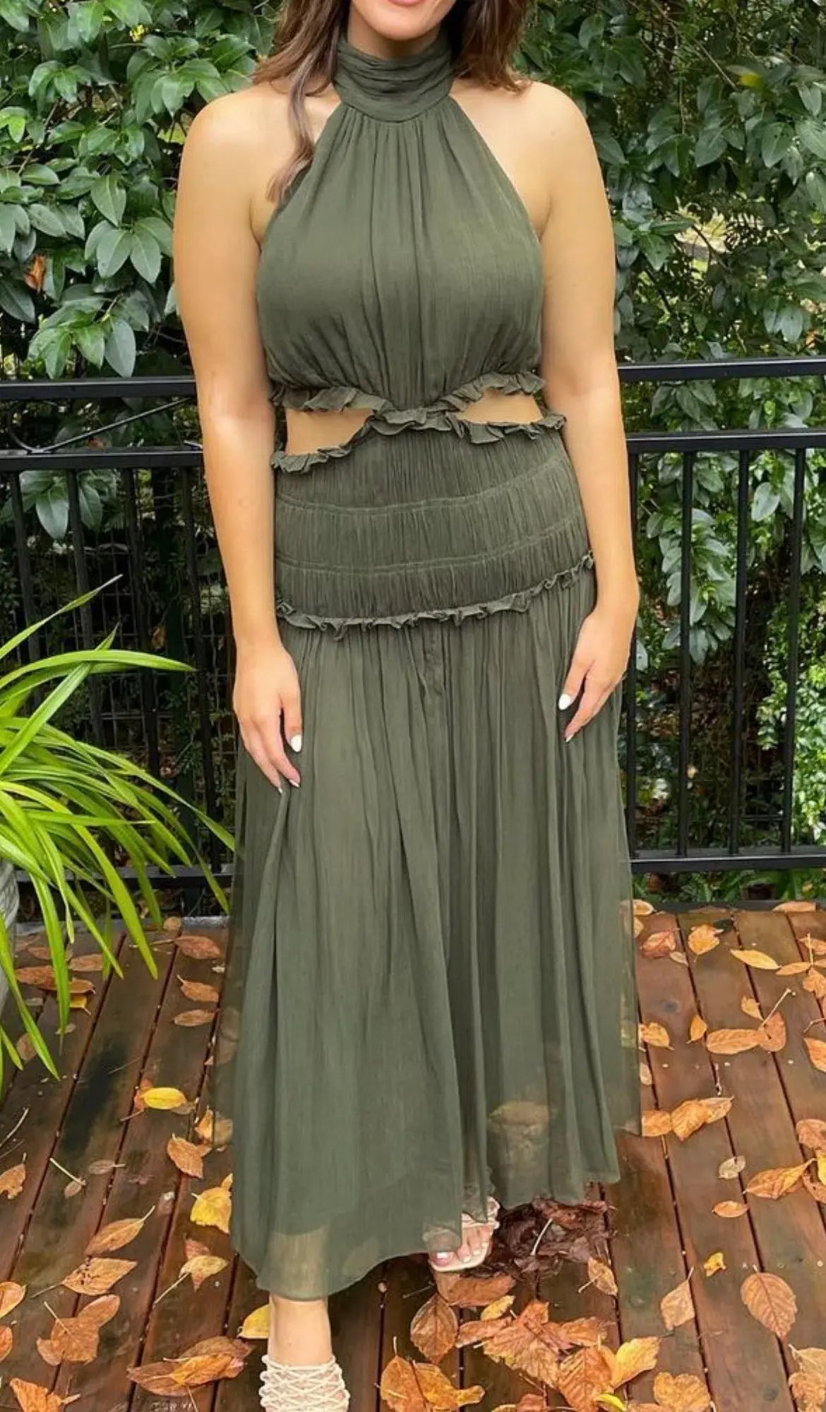 Shona Joy Safira High Neck Cut-Out Midi Dress Green Size 14 photo 3
