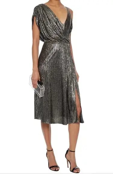 Alice & Olivia Roxy Drape Midi Dress Metallic Size 10 photo 3