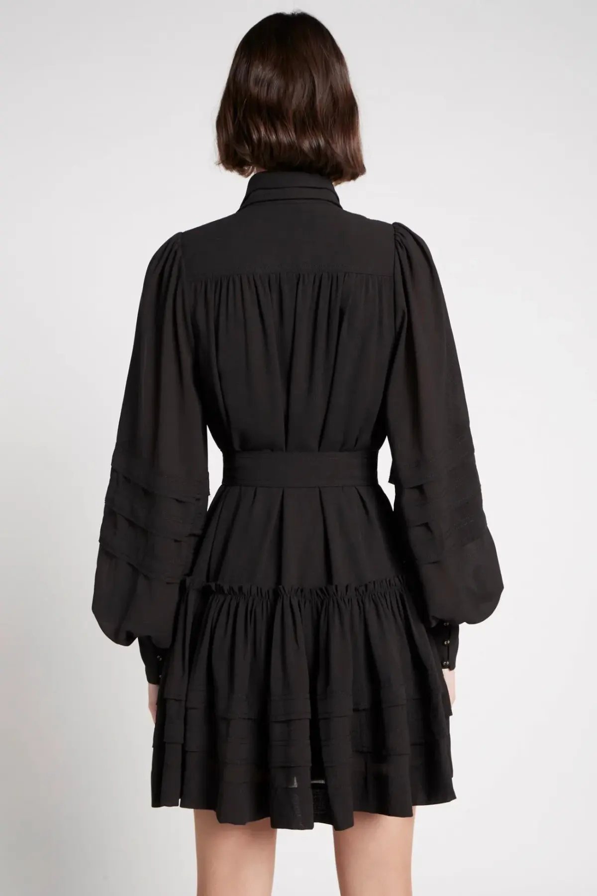 Aje Aurora Belted Trim Puff Sleeve Mini Shirt Dress Black Size 8 photo 3