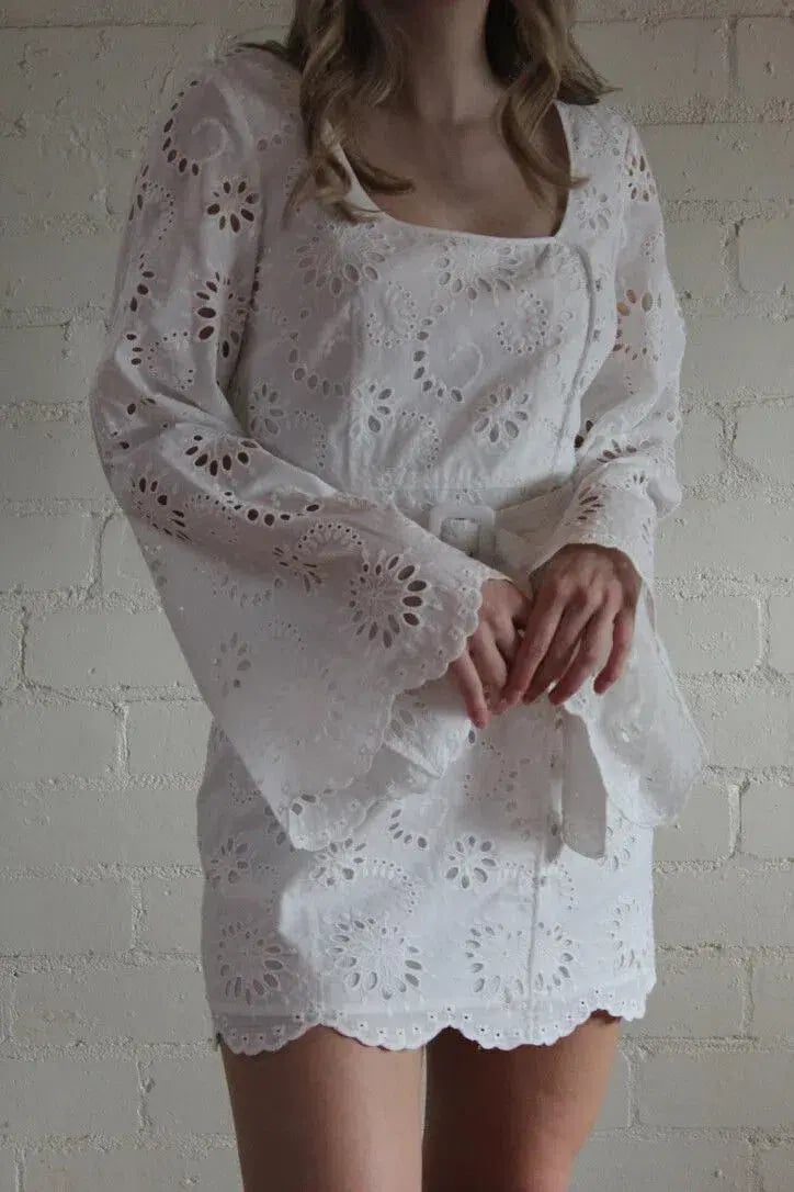 Alice McCall Obscurity Broderie Anglaise Bell Sleeve Belted Mini Dress White Size 8 photo 6