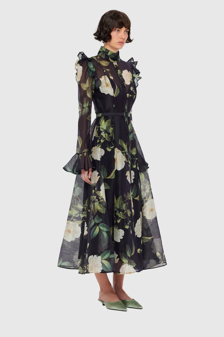 Leo Lin Katrina Butterfly Sleeve Midi Dress - White Rose Print in Black photo 4