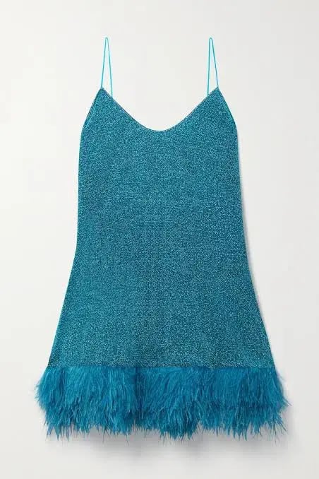 Oseree Lumiere Feather Trimmed Mini Dress Blue Size 10 photo 2