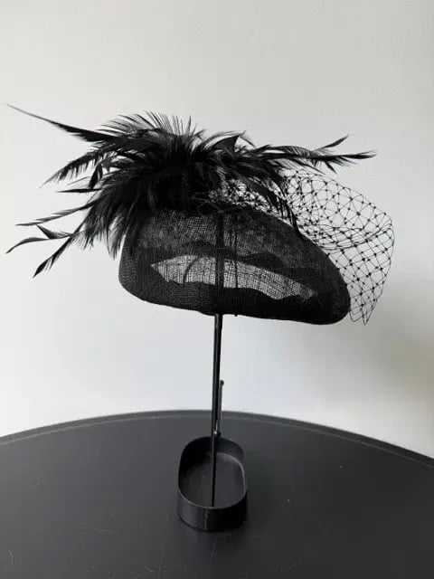 Morgan and Taylor Straw Beret Millinery with Feathers and Veil Black One Size photo 4