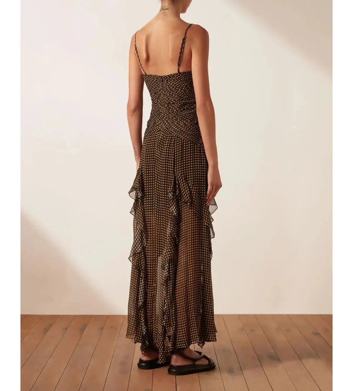Shona Joy Sofia Ruched Frill Maxi Dress Brown Size AU 10 photo 3