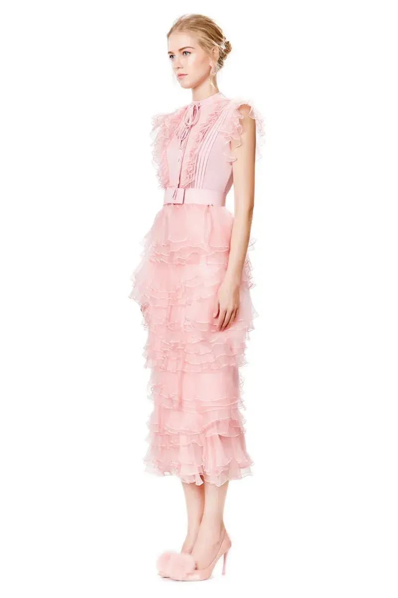 Ivan Young Silk Ruffles Tiered Midi Dress Pink Size 8 photo 2