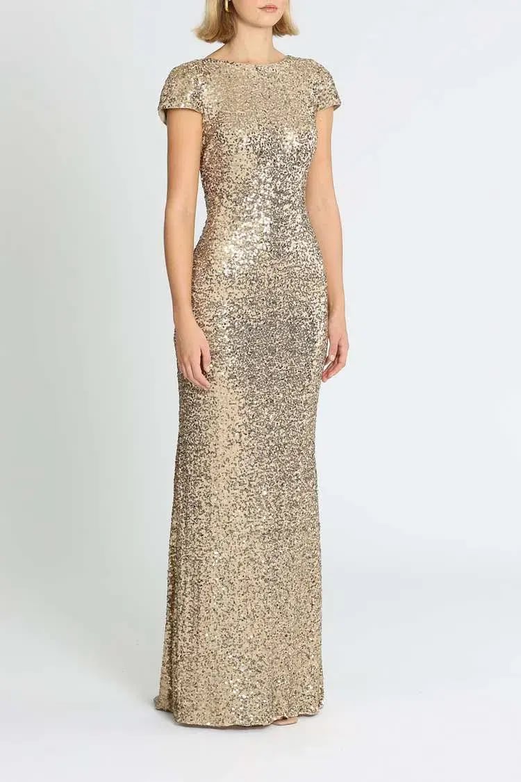 Badgley Mischka Sequin Cowl Back Gown Gold Size 8 photo 2