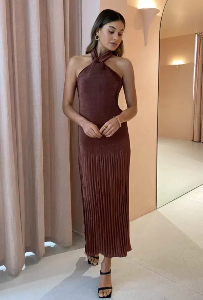 L'Idee Soiree Pleated Halter Dress in Chocolate Size 10 photo 3