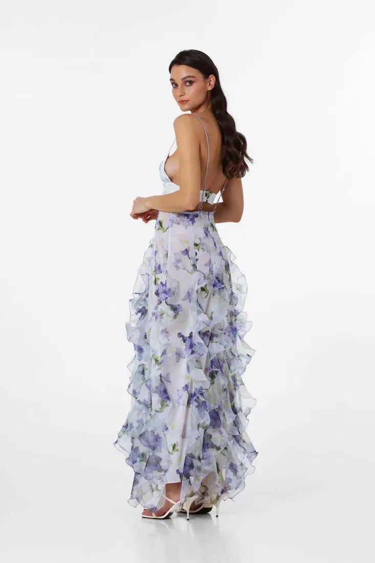 Menti Santorini Iris Flower Maxi Dress Blue Roses Chiffon Print Size S / AU 8 photo 4