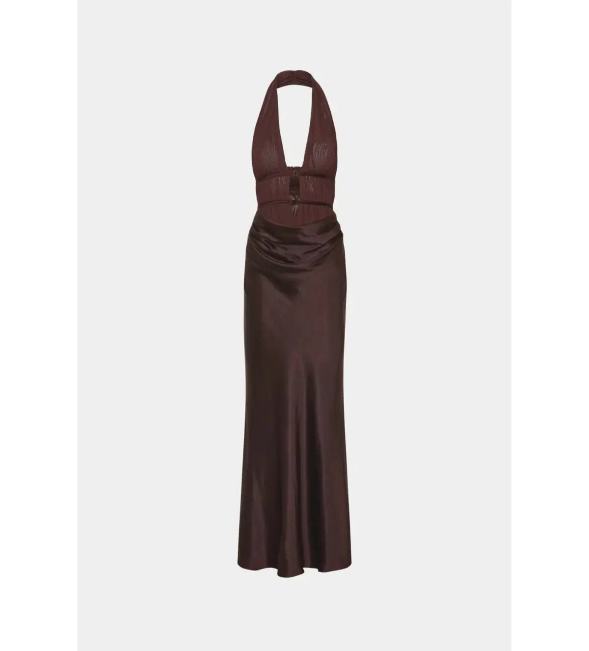 Misha The Celine Satin and Mesh Maxi Dress in Umber Brown Size 8 photo 4