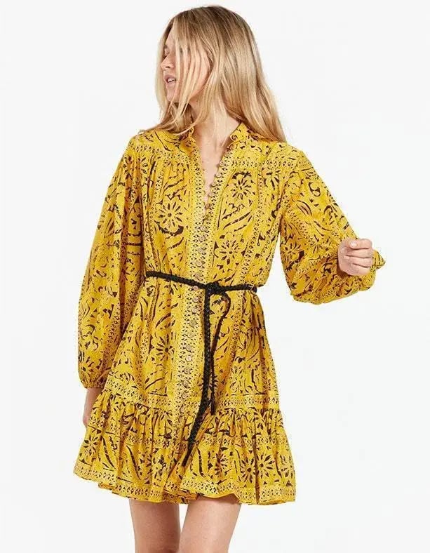 Zimmermann Lulu Belted Ruffled Print Cotton Mini Dress Yellow Size 2/ Au 12 photo 2