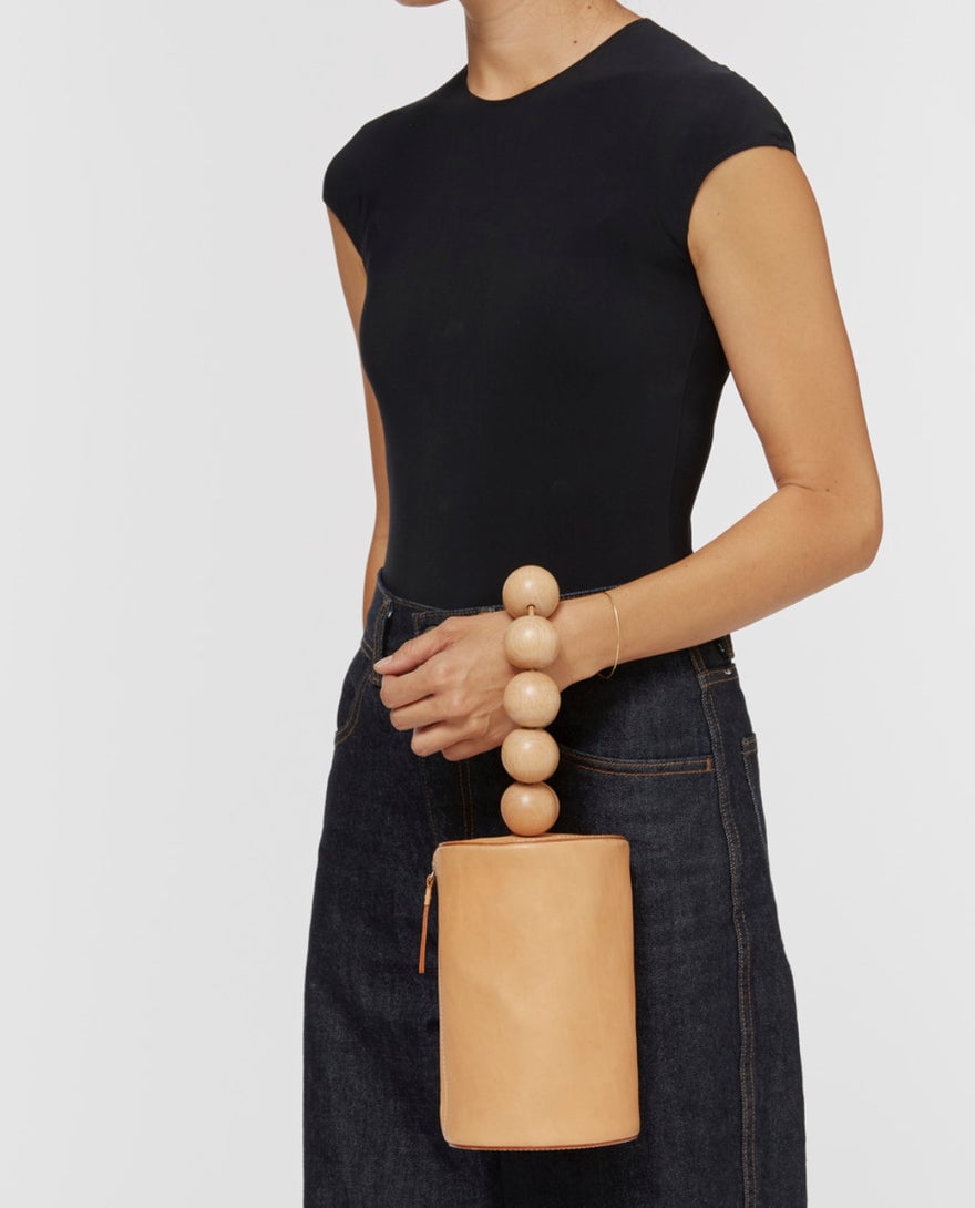 Building Block Wood Ball Wristlet Bag, Tan photo 2