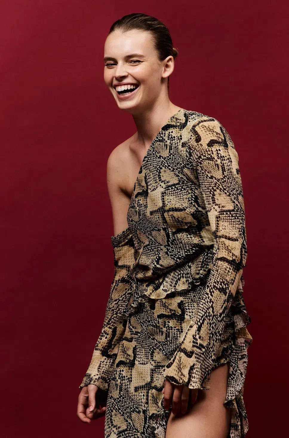 Shona Joy Hadiya Asymmetrical Long Sleeve Ruffle Maxi Dress in Hadiya Snake Print Size AU 8 photo 2