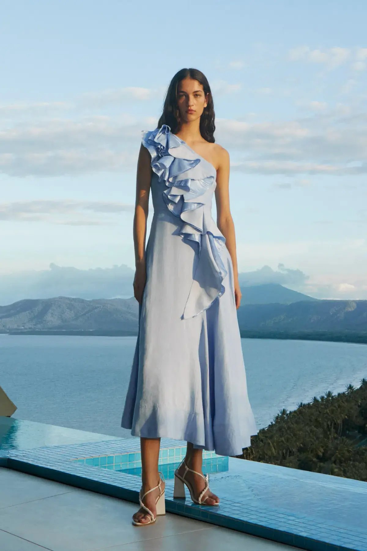 Aje Adelia Ruffle Midi Dress Light Sky Blue Size AU 16 photo 3