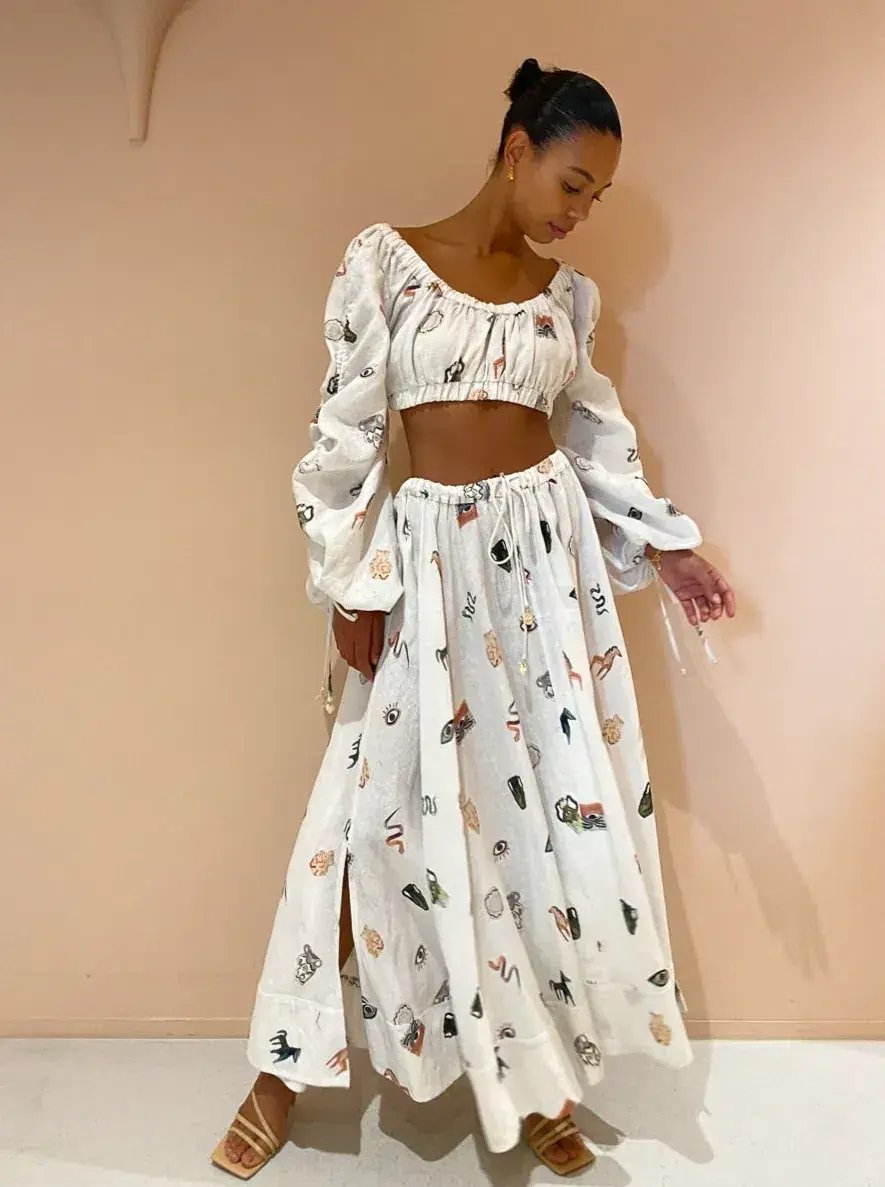 Alemais Hera Drawstring Top and Midi Skirt Set Ivory Size 8 photo 2